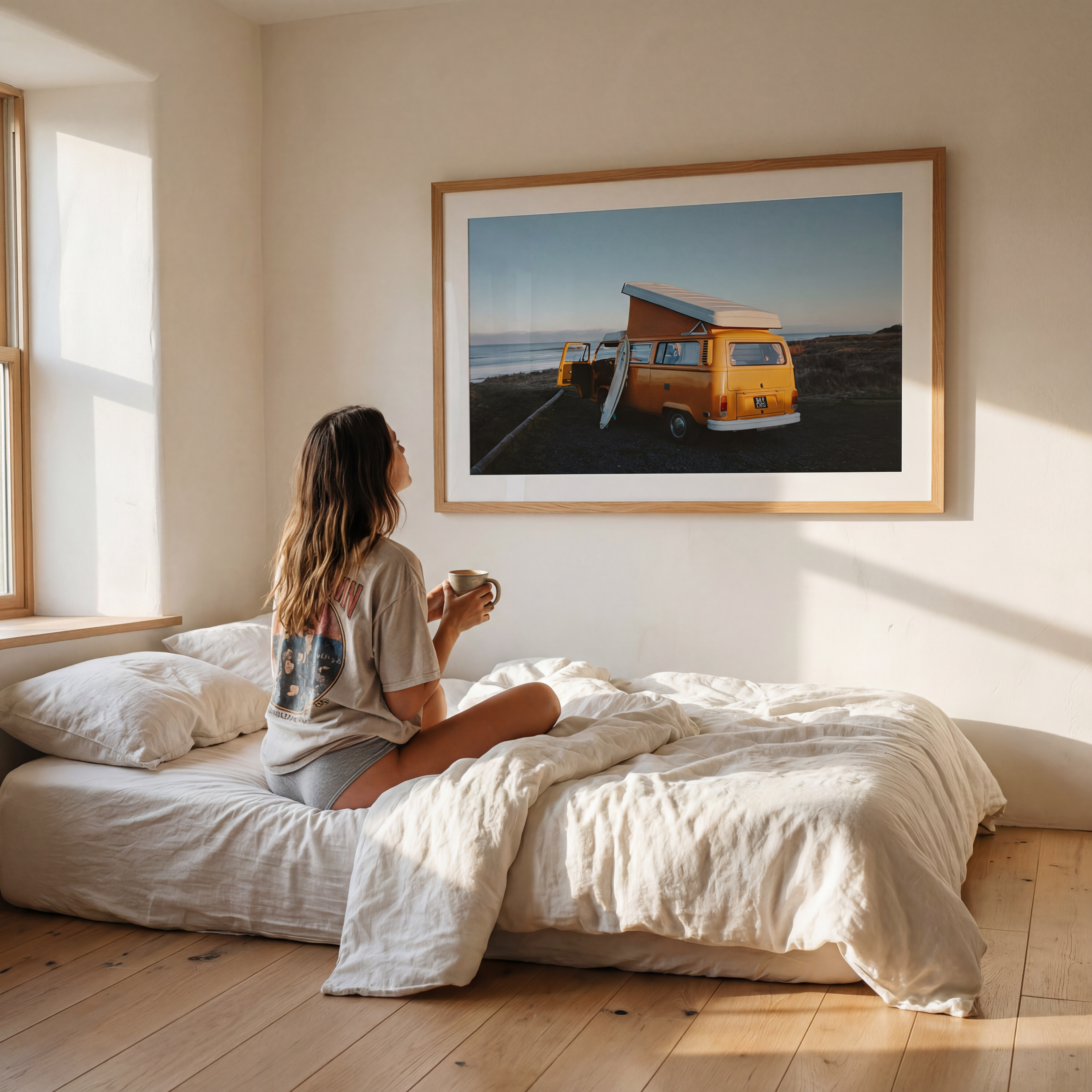 Woman sitting on a bed holding a mug, looking at a framed picture of a yellow van on a beach.