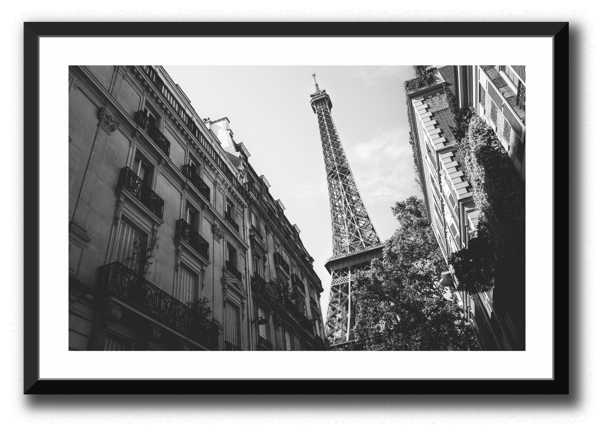La Dame de Fer by Connor Listen, black and white framed fine art print of the Eiffel Tower between Paris buildings