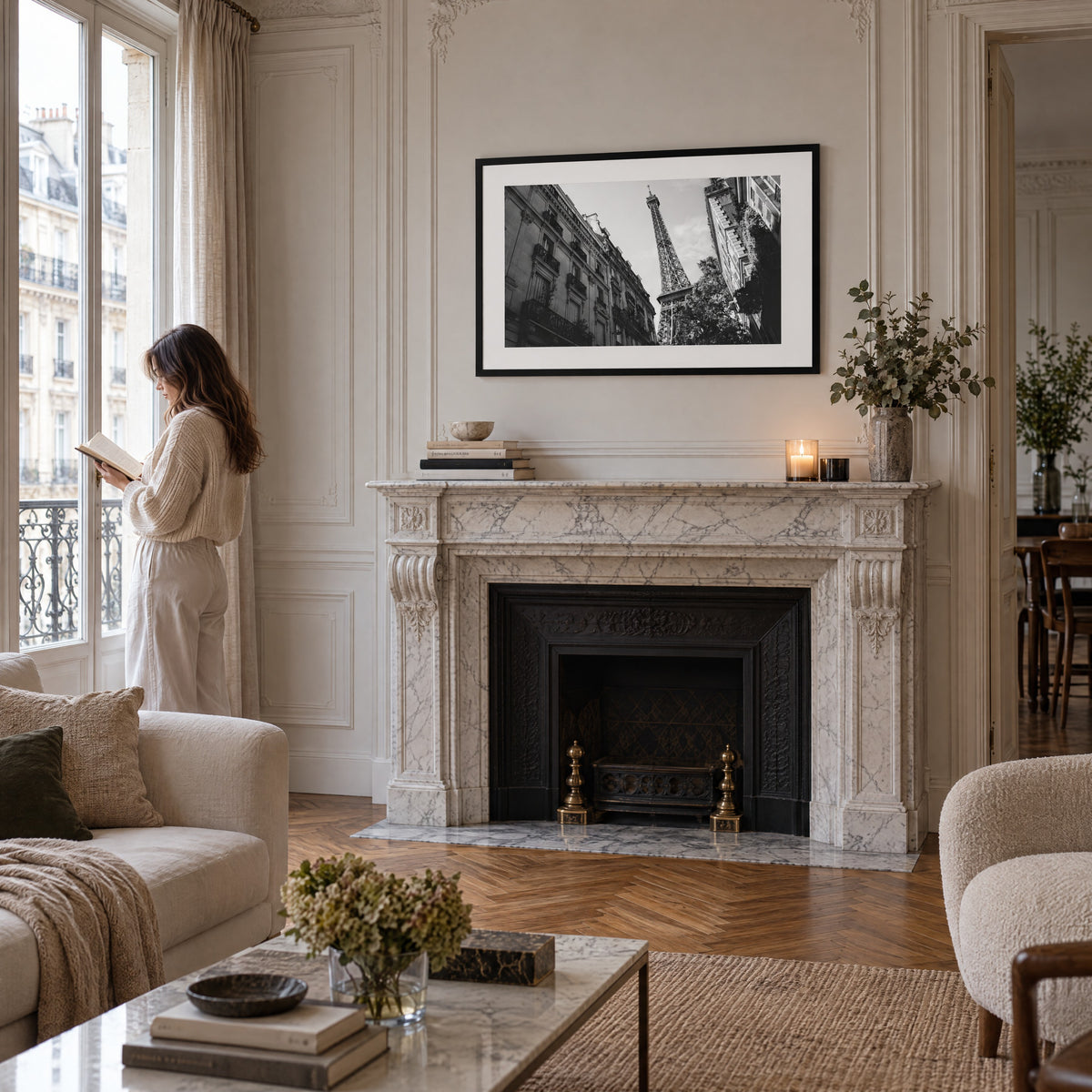 La Dame de Fer framed print above a marble fireplace in a Paris apartment