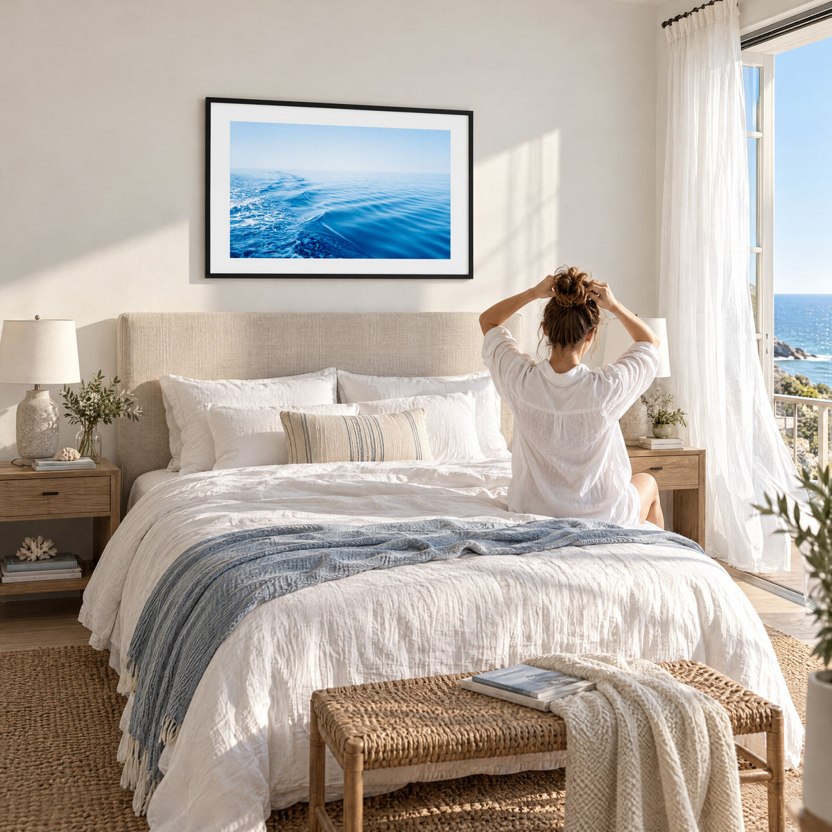 Silky Blue framed print above a linen headboard in a bright coastal bedroom